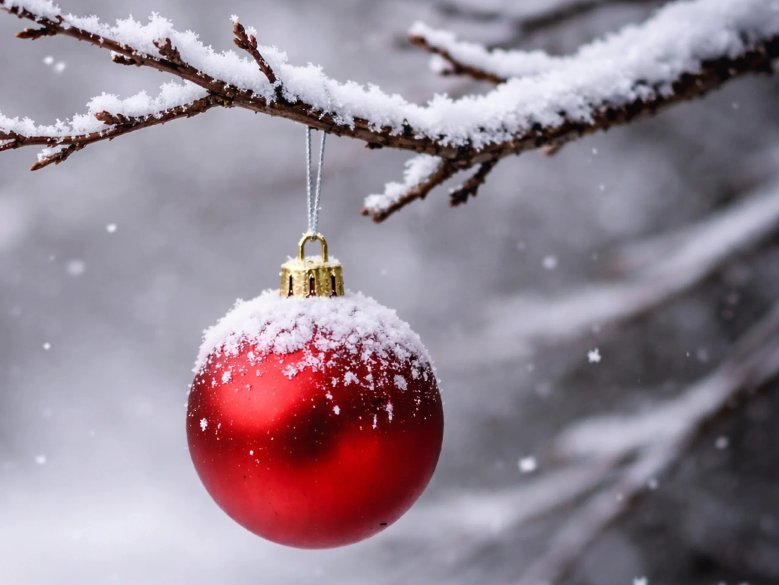 Eine Rote mit Schnee bedeckte Weihnachtskugel hängt an einem verschneiten Zweig. Im Hintergrund verschwommen Schnee.